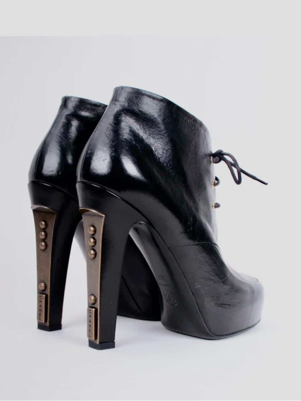 CHANEL Black Leather Logo Heel Lace-Up Platform Ankle Boots - Picture 2 of 15